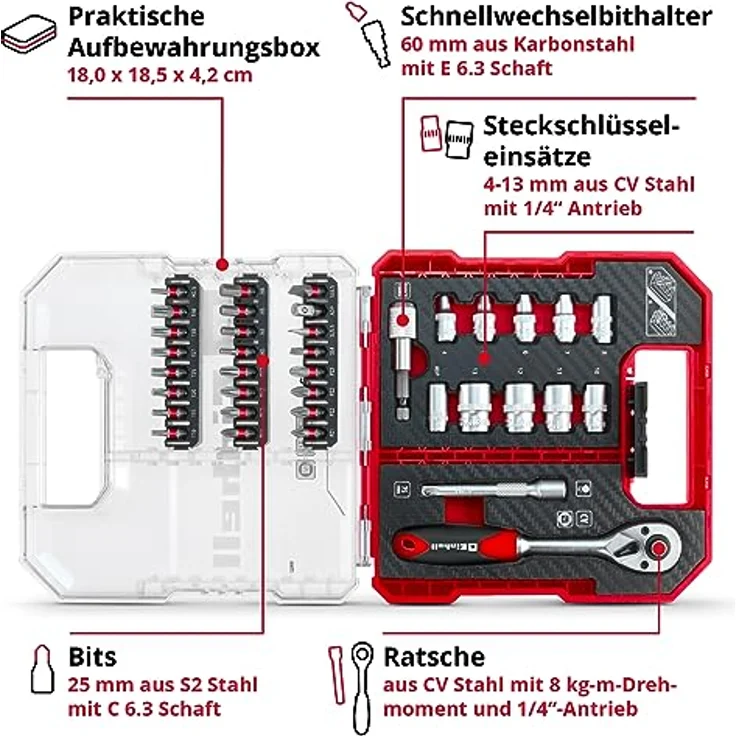 Einhell Bit-Set L-CASE, 37-tlg. Bit- und Ratschen-Set mit 25-mm-Bits, 72-Zahn-Umschaltknarre und praktischer Aufbewahrungsbox – Bild 3