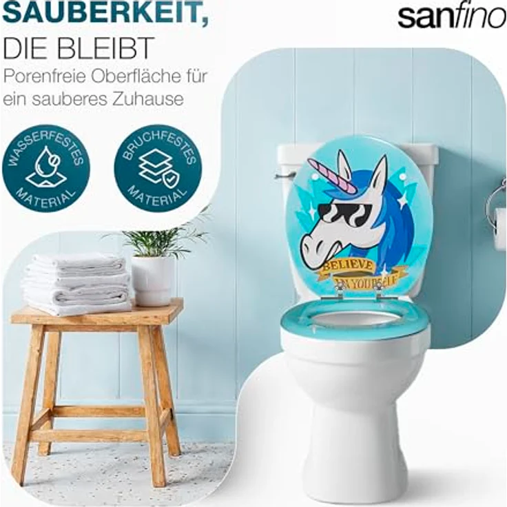 Sanfino WC Sitz Funky Unicorn, Toilettendeckel aus Holz mit Absenkautomatik, hellblau mit buntem Einhornmotiv, Maße 43,5 x 37,5 cm – Bild 3