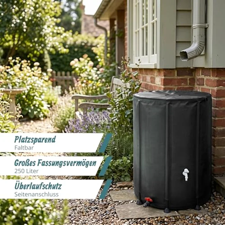relaxdays Regentonne Faltbare Regentonne 250l, schwarz, Wasserspeicher mit Reißverschlussdeckel und zwei Anschlüssen – Bild 2