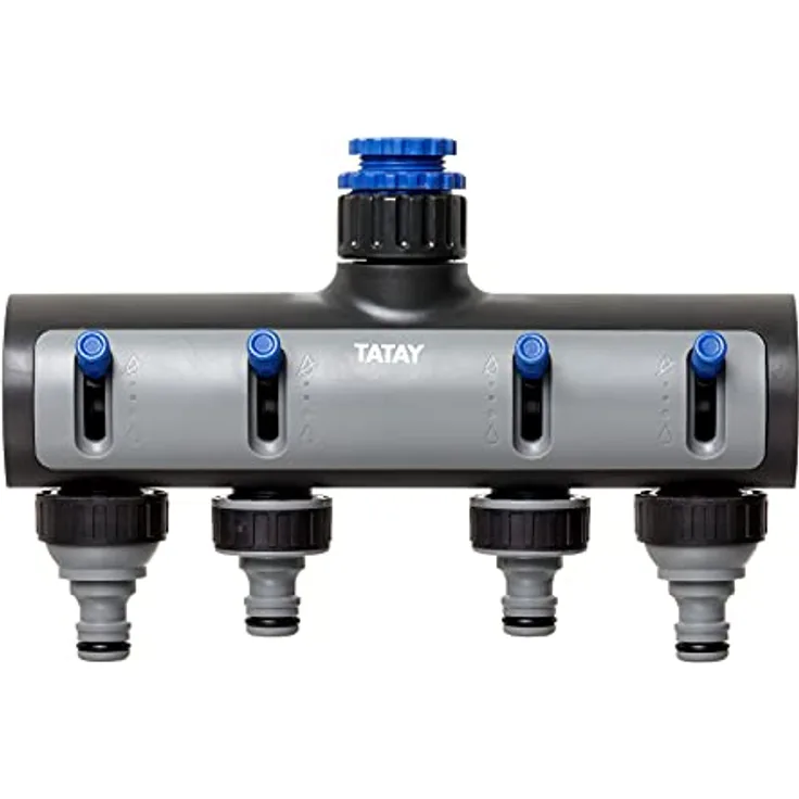 TATAY 4-Wege-Verteiler Premium, Für 1/2", 3/4" und 1" Wasserhähne, Universalverbinder, Regulator, Sonnenschutz, Einfache Installation, Grau - Schwarz