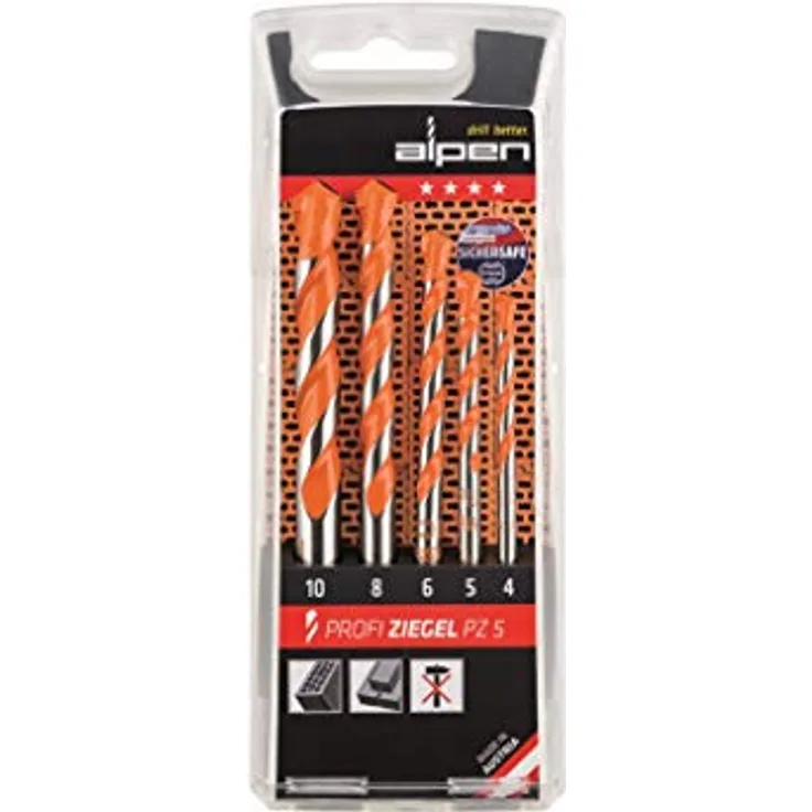 ALPEN Hartmetall-Bohrer Profi Ziegel 5-teilig, ø 4-10 mm, bruchsicheres Drehbohren für Hohlziegel