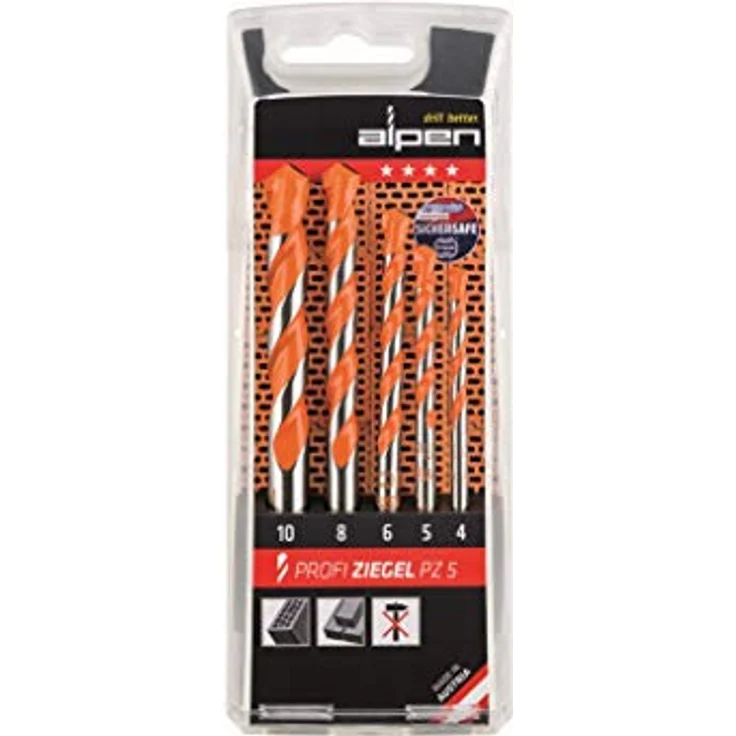 ALPEN Hartmetall-Bohrer Profi Ziegel 5-teilig, ø 4-10 mm, bruchsicheres Drehbohren für Hohlziegel – Bild 1