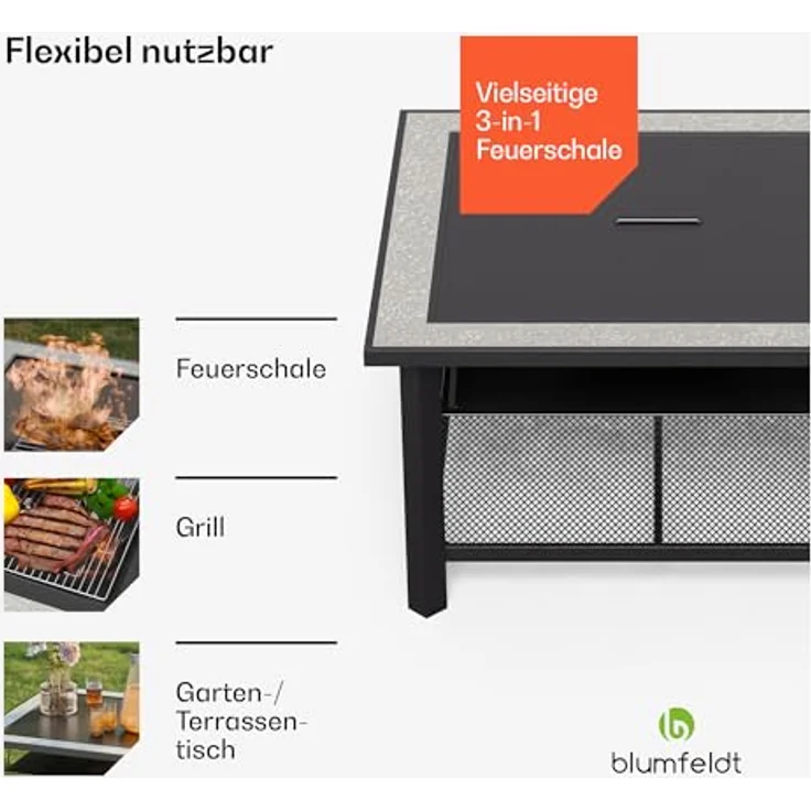 Blumfeldt Merano Avanzato, 3-in-1 Feuerschale mit Grillrost & Terrazzo-Tischplatte, robuster Stahlrahmen, inkl. Funkenschutz, Hitzeschild & Schürhaken, für Garten & Terrasse – Bild 3