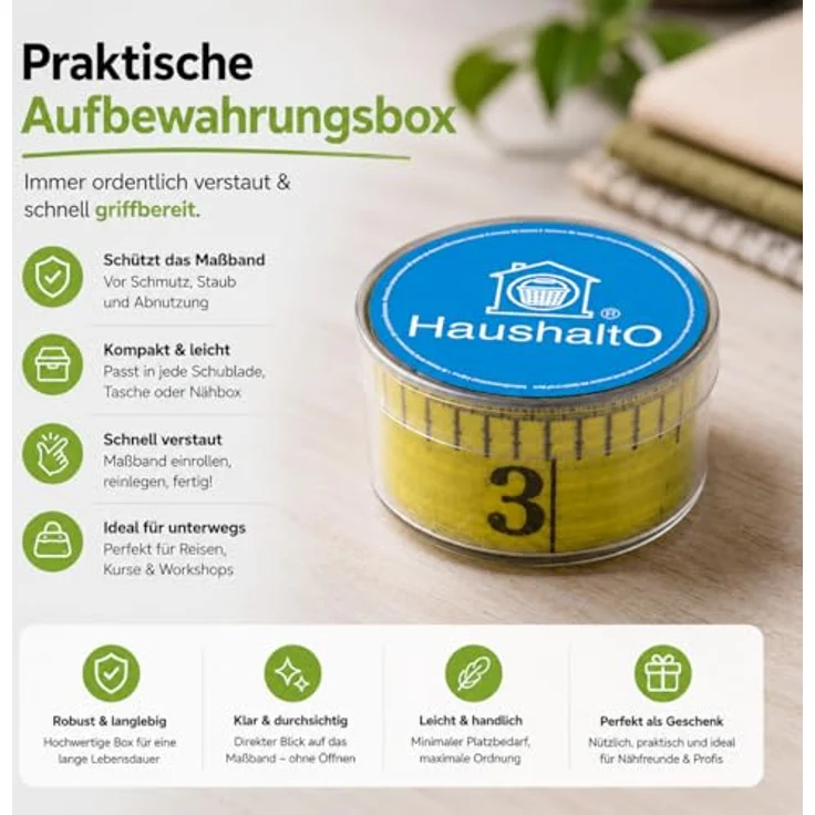 HaushaltO 2 in 1 Maßband 150 cm, präzises Schneidermaßband mit cm- und INCH-Skalierung, inklusive Aufbewahrungsbox – Bild 3