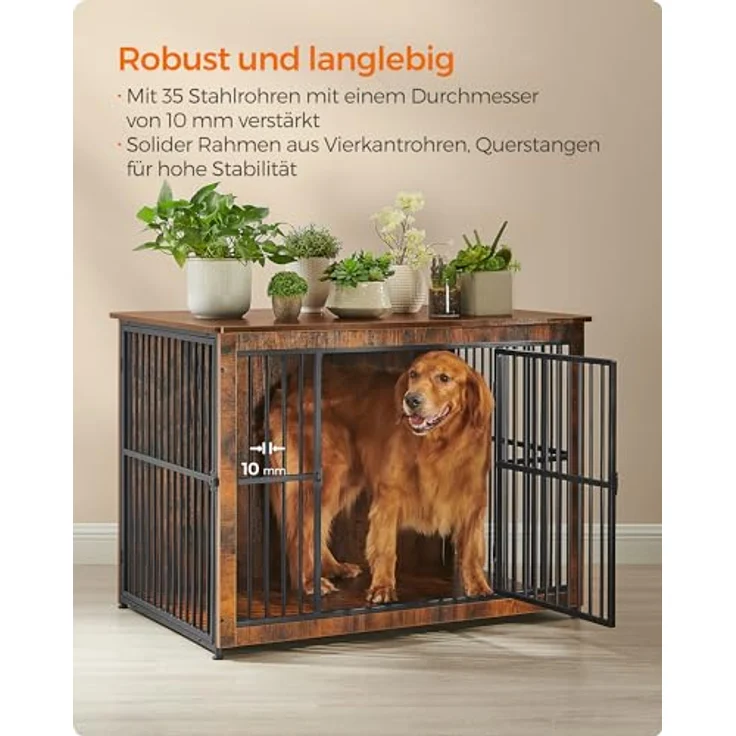 Feandrea Hundekäfig Möbel, Beistelltisch, Moderne Hundehütte Indoor für Hunde bis zu 37 kg, vintagebraun, geschlossener Boden, 2 Türen – Bild 3