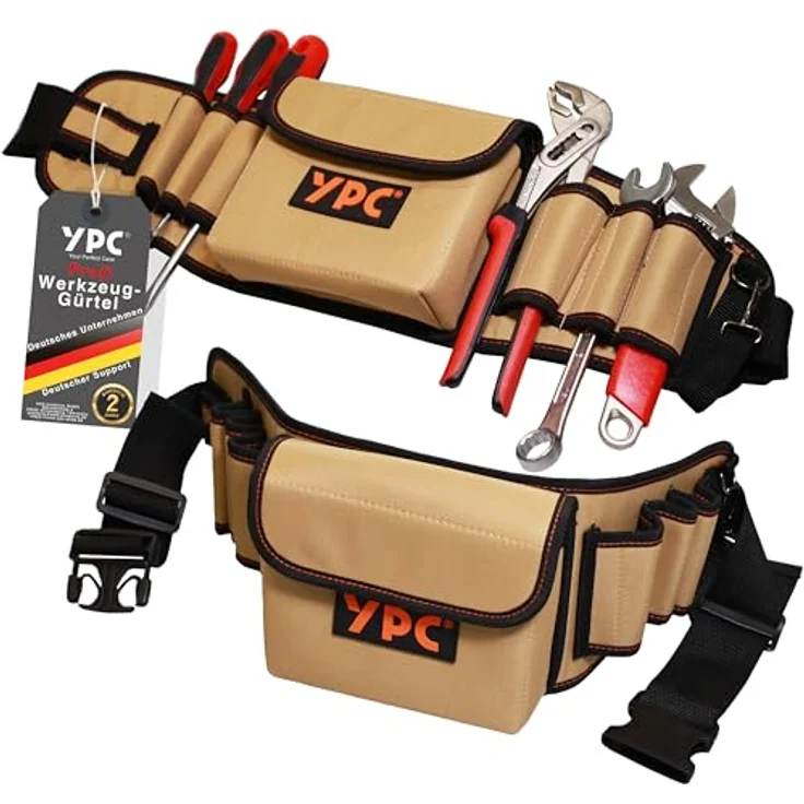 YPC ProBelt – Profi-Werkzeuggürtel mit großer Nageltasche, 7 Steckfächern, Hammerschlaufe, wasserfestem Oxford 600D Polyester, Farbe Khaki, Grau oder Blau – Bild 1