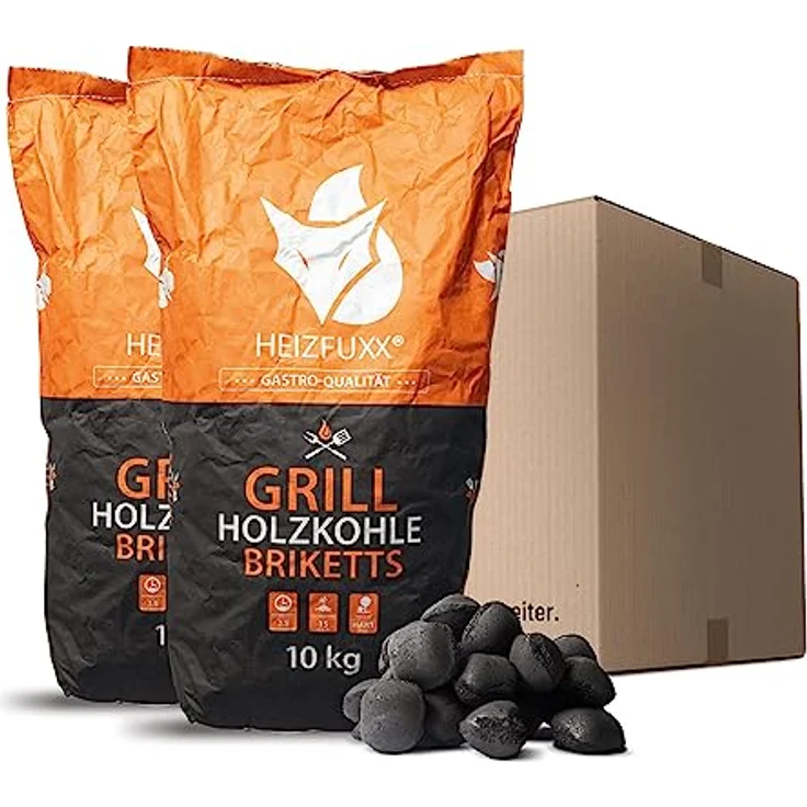 HEIZFUXX Grillholzkohlebriketts SGA1002, Premium Hartholz Kohle für BBQ und Smoker, 20kg (2x10kg), Schwarz/Natur, langanhaltende Glut, wenig Asche, umweltfreundlich – Bild 1