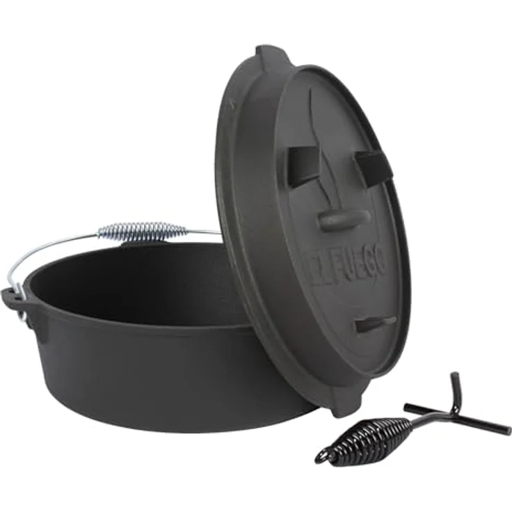 Dutch Oven 7,3 Liter von El Fuego®, 100% Gusseisen, inkl. Schürhaken und Tragebügel, Camping & Outdoor – Bild 4