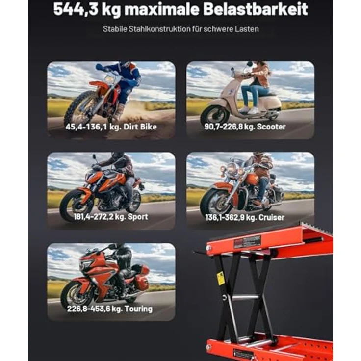 VEVOR Motorradheber, höhenverstellbare Motorradhebebühne 105-380 mm, 544 kg Tragkraft, breite Plattform mit rutschfester Deckfläche und integrierter Vorderradklemme – Bild 6