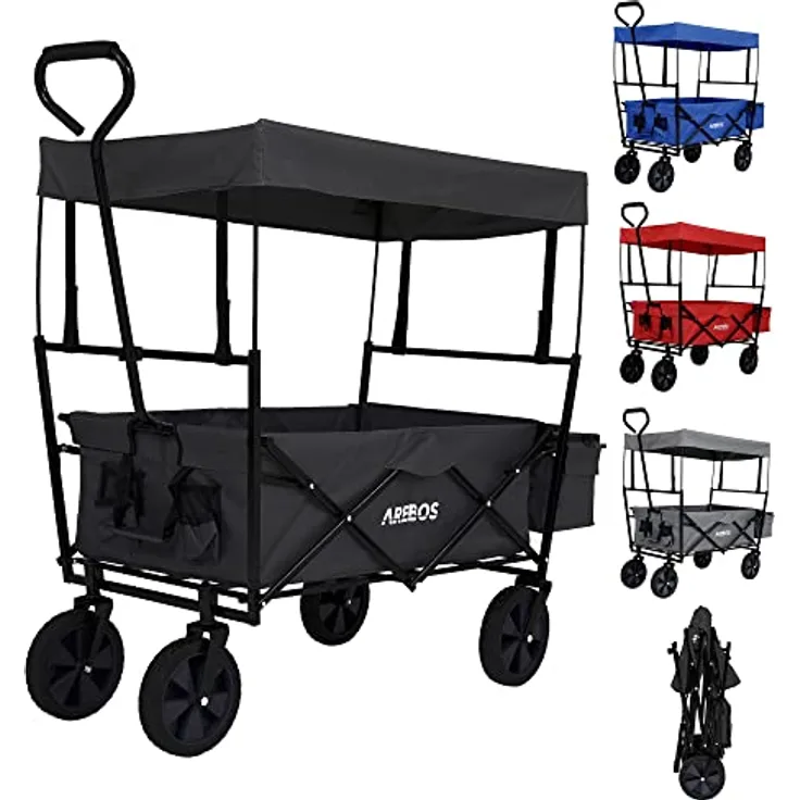 Arebos Bollerwagen faltbar mit Dach | Transportwagen bis 70 kg Tragkraft | 360° Vollgummireifen | inkl. 2 Netztaschen und Außentasche | Schwarz