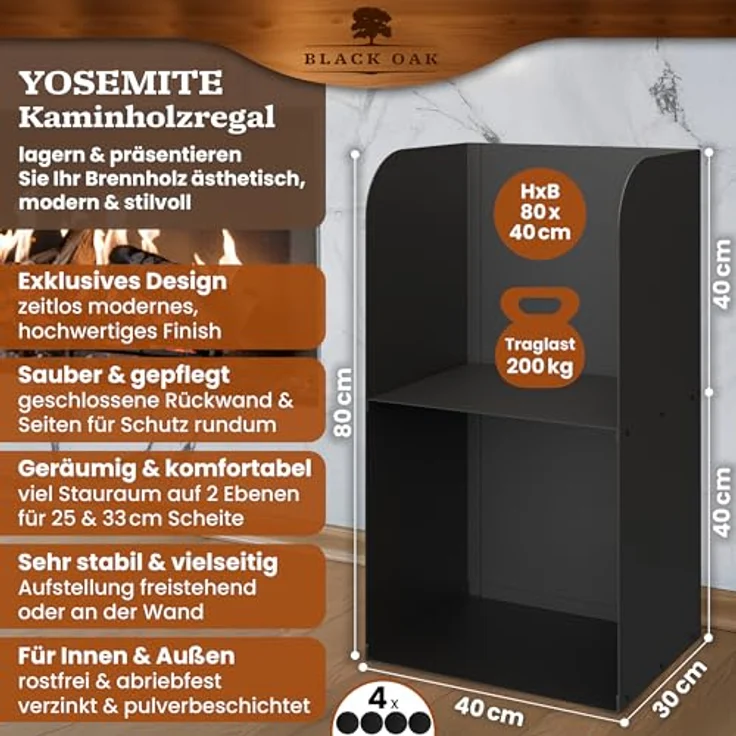 BLACK OAK Kaminholzregal YOSEMITE, 80x40x30cm schwarz, Metall Stahl, wetterfest, bis 200kg Holz, pulverbeschichtet, mit geschlossener Rückwand & Seiten – Bild 2
