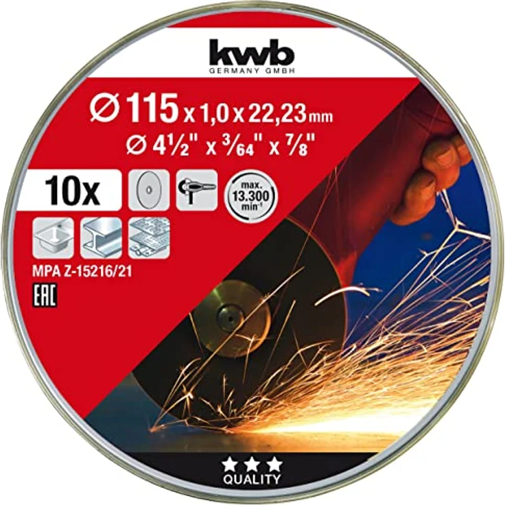 kwb 712021 Dünn-Trennscheiben für Winkelschleifer 115 mm Flex-Scheibe f. Edel-Stahl INOX in Aufbewahrungs-Dose inkl. Ohrstöpsel ABM. 115 x 1,0 x 22,23 – Bild 5