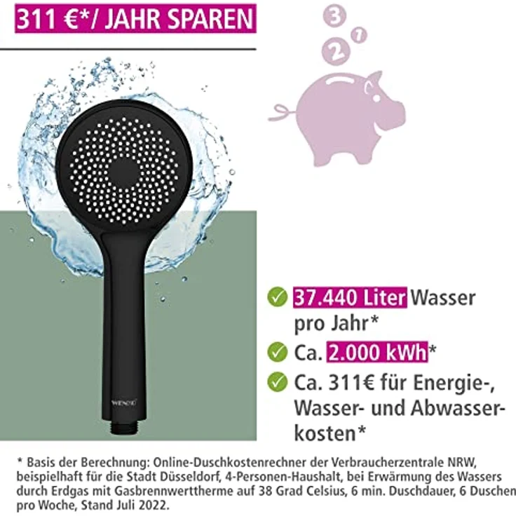 WENKO Handbrause Watersaving, Schwarz matt, Ø 9,5 cm, Duschkopf mit Watersaving System – Bild 3