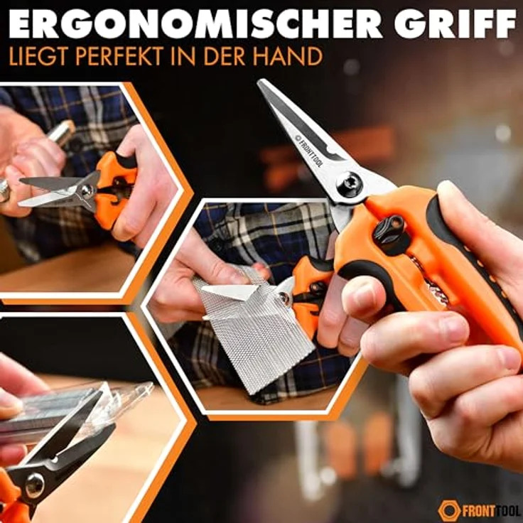 FRONTTOOL Universalschere mit Abisolierfunktion, Edelstahl, ergonomischer 2-Komponenten-Griff, rostfreie gezahnte Klinge – Bild 4