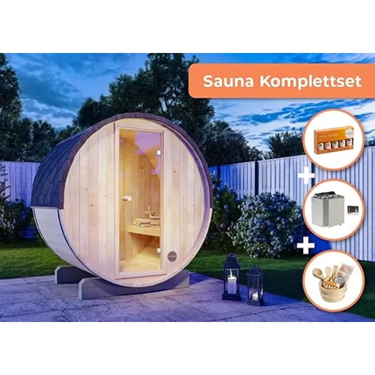 FinnTherm Fasssauna Sauna-Komplettset Mini XXS, Elektro-Saunaofen mit 6,0 kW Leistung, silber – Bild 2