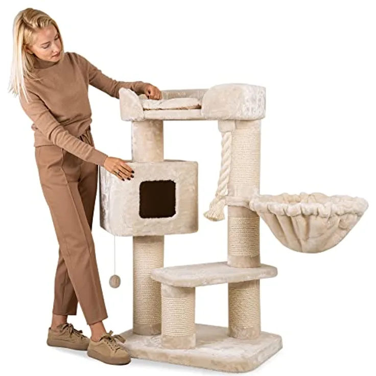 HAPPYPET Kratzbaum 118 cm hoch für große Katzen - Katzenbaum Stabil, Maine Coon, ca. 15 cm Dicke Sisal-Säulen, Liegemulde, Spieltau & Katzenhaus, Massiv, Creme - Preisvergleich