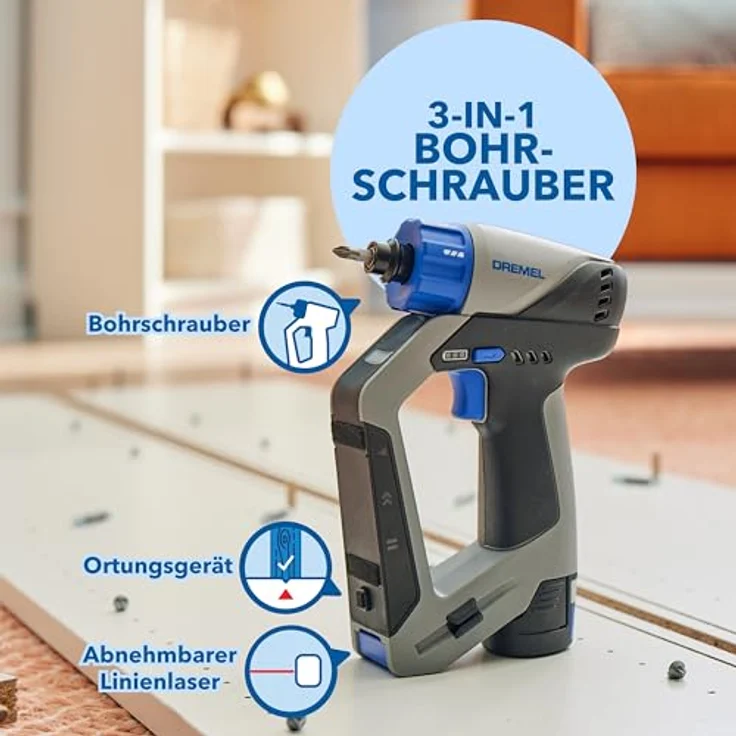 DREMEL Blueprint 12V 3-in-1 Akku-Bohrschrauber Multischrauber Set mit Ortungsgerät, abnehmbarer Linienlaser, 2.0 Ah Akku, 9 Schrauberbits, Wasserwaage und Ladegerät – Bild 2