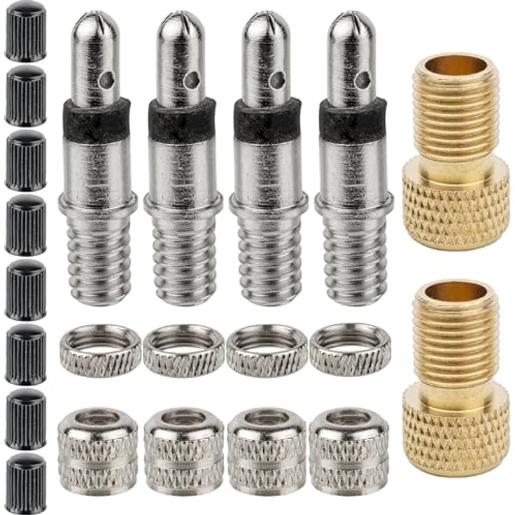 Fahrradventil Ersatz Set, 22-Teile, 4 x Fahrrad Schlauch Blitz-Ventil, inklusive 8 x Ersatz Ventilkappen, 2 x SV-DV auf AV Ventil Adapter, Blitzventil – Bild 2