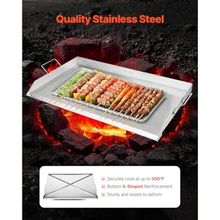 VEVOR Grillplatte Edelstahl, universelle rechteckige Grillpfanne (910 x 525 mm) mit flacher Oberseite, kompatibel mit Gas- und Elektroherden, inklusive Fettauffangschale und Abtropfloch – Bild 2