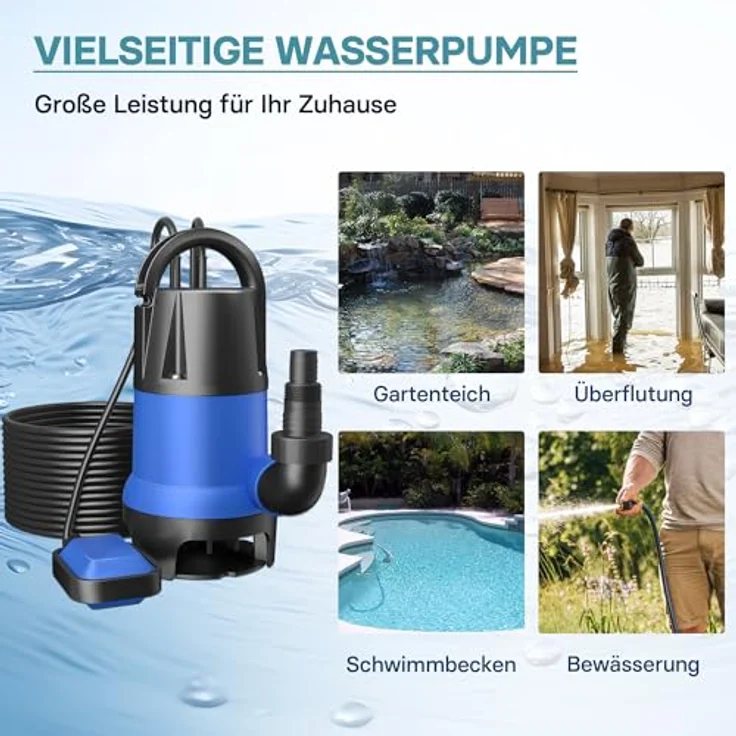 Wiltec Schmutzwasserpumpe 400 W 7500 l/h Tauchpumpe Gartenpumpe Brunnenpumpe Entwässerungspumpe, Leistungsstarke Schmutzwasserpumpe, hohe Fördermenge, robustes Kunststoffgehäuse, maximale Fremdkörpergröße 35 mm, einfache Handhabung und Installation – Bild 3