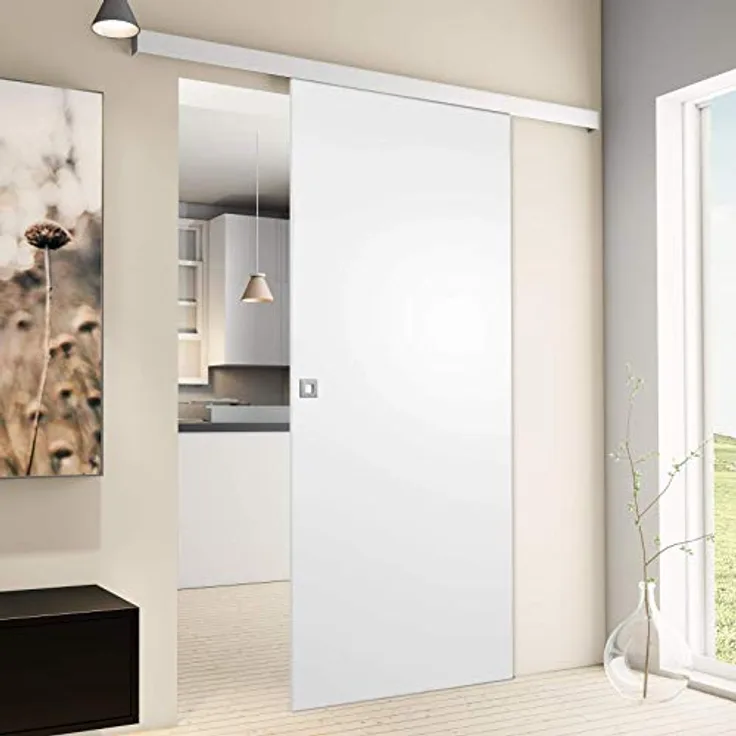 inova Schiebetür Holz Komplettset weiß 755 x 2035 mm Schienensystem mit Alu Laufschiene inkl. Beschlagset und Quadratgriff