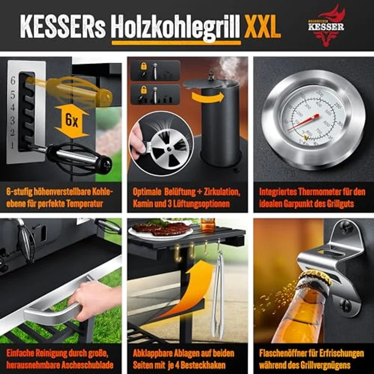 KESSER® Grill Grillwagen XXL Holzkohlegrill mit Deckel, Rädern, Edelstahl-Griff, Thermometer und großem Grillrost, Holzkohle BBQ Barbeque für Camping, Terrasse, Garten in Schwarz – Bild 4