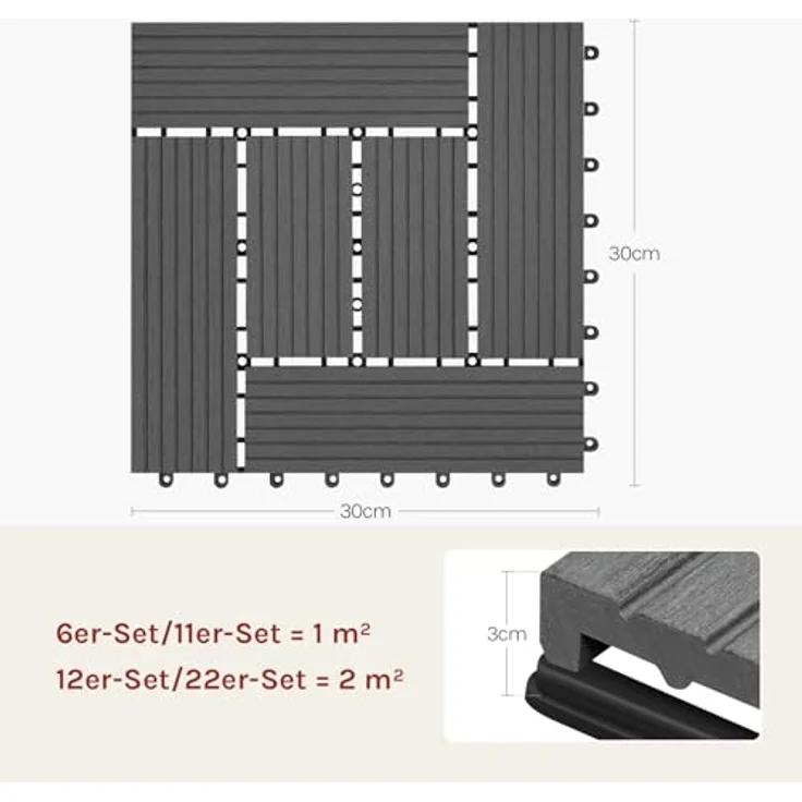 22er-Set WPC Terrassenfliese, Bodenbelag für Terrasse grau – Bild 9