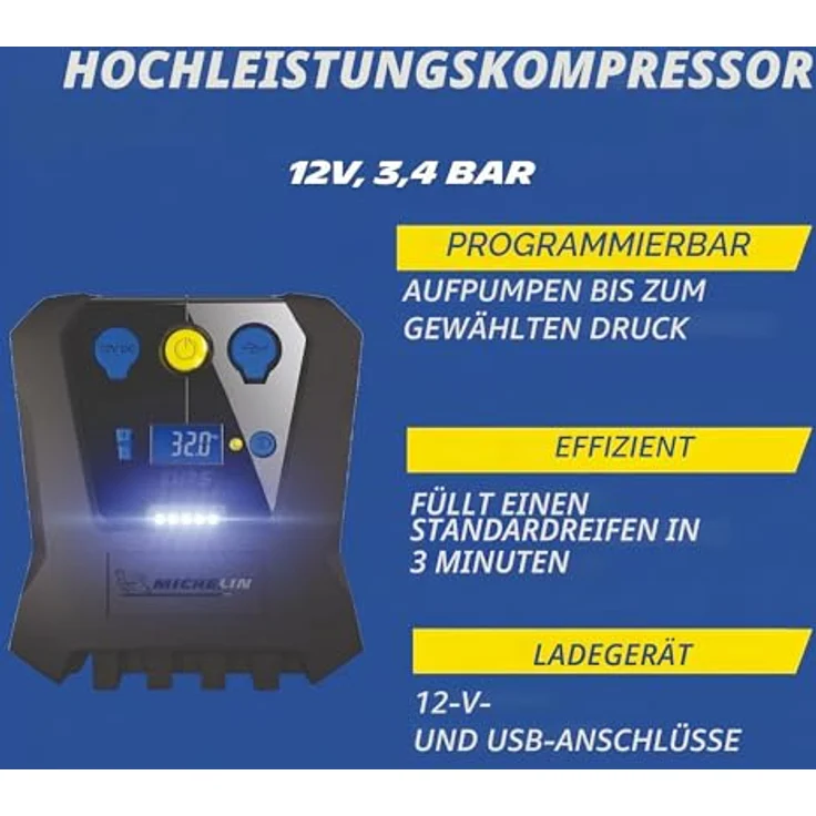 Michelin 12 V Kompressor, Luftkompressor mit programmierbarer Druckeinstellung und 16 l Tankvolumen, inklusive Adapter für Spielzeug, Ball und Fahrrad – Bild 9