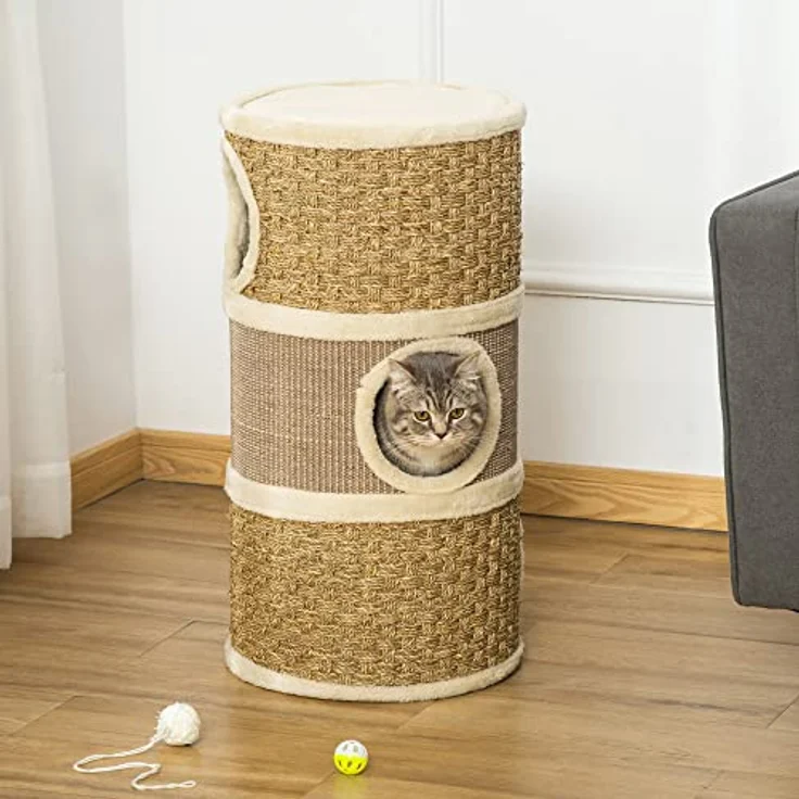 PawHut Katzenkratzbaum Kratztonne für Katzen 3 Ebenen Katzenbaum Kletterbaum Katzenmöbel mit Sisal Plüsch 37,5 x 37,5 x 70 cm – Bild 2