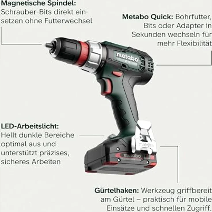 Metabo Akku-Bohrschrauber BS 18 L Quick (614052500) x 145, 18V, 2x2Ah, mit LED-Arbeitslicht und Metabo Quick-System – Bild 6