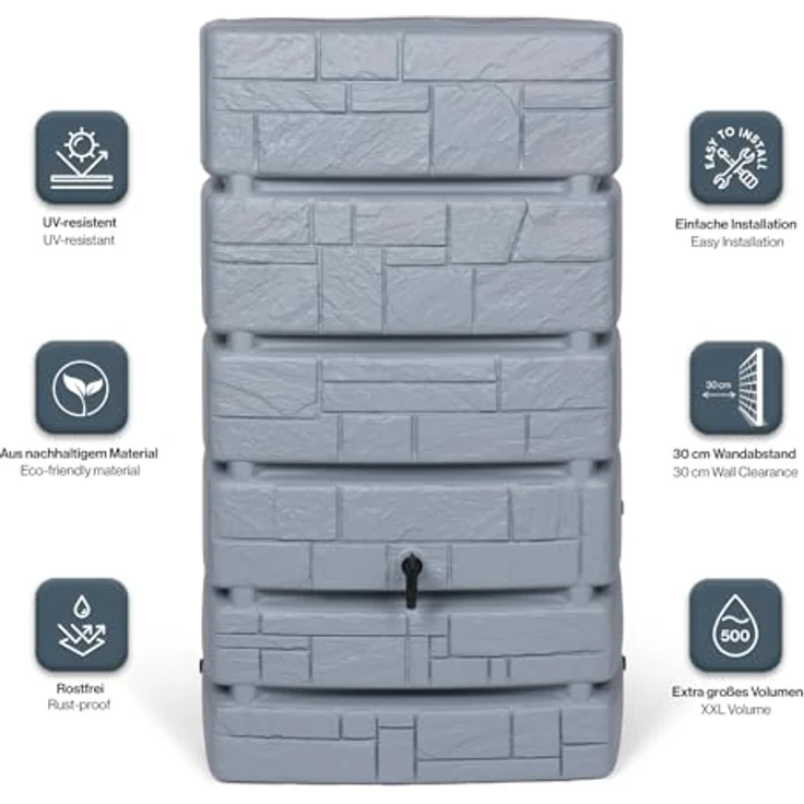 Kreher XXL Wassertonne Tower Stone in Grau, 500 Liter Nutzungsvolumen mit Wasserhahn und Füllautomat – Bild 5