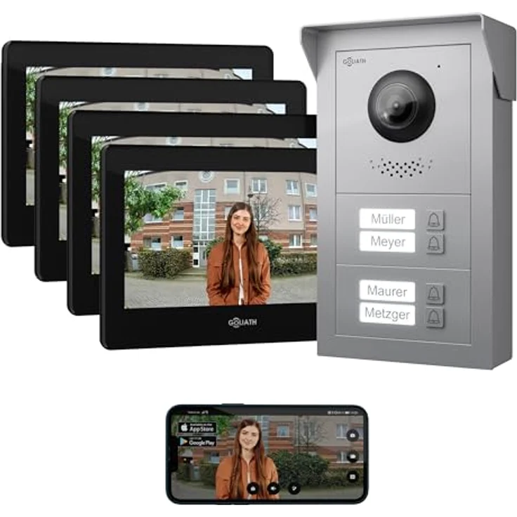 Goliath Intercom Video-Türsprechanlage Basic-Line, 4-Familienhaus, 7-Zoll HD Monitor, 2-Draht Technologie, Edelstahl Gehäuse, App-fähig, mit Nachtsicht – Bild 1