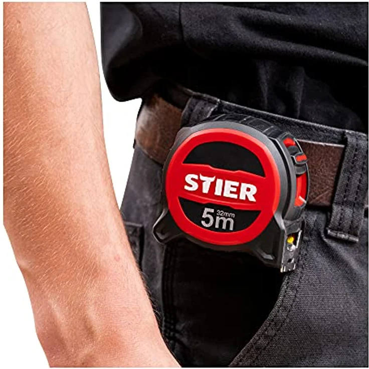 STIER Premium Taschenbandmaß, 5 m x 32 mm, mit Magnet und Edelstahlhaken, robust und präzise, mit Gürtelclip – Bild 4