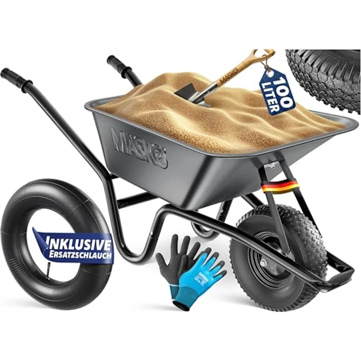 MASKO® Schubkarre 100 Liter, Bauschubkarre mit 250 kg Traglast, Luftreifen auf Stahlfelge, verzinkter Stahlrahmen, inkl. Ersatzschlauch und Handschuhe – Bild 1