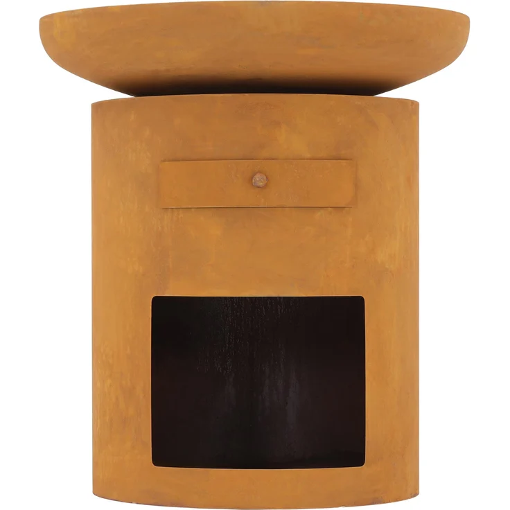 BUSCHBECK Grillsäule rund Sioux, Holzkohlegrill mit 4 mm starkem Stahlring, Rostoptik, Maße L80 x B80 x H88 cm, integrierter Aschekasten und Holzstaufach