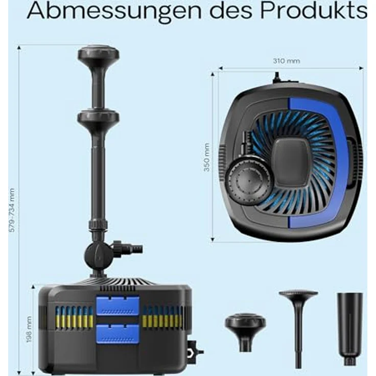 Wiltec SunSun CUF-5800 Springbrunnenpumpe mit eingebautem UVC-Teichklärer, 5200 l/h, Pumpe mit Fontäne, 55 W, blau – Bild 4