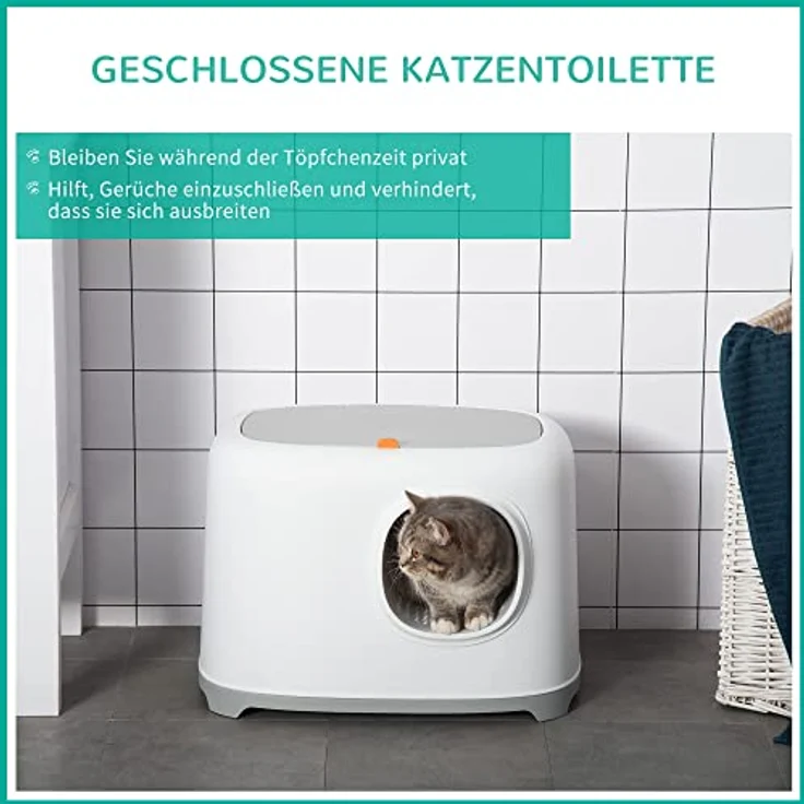 PawHut Katzentoilette mit Haube für Katzen bis 5 kg Katzenklo mit Deckel Gitterboden Kunststoff Weiß 55 x 40 x 39 cm – Bild 5