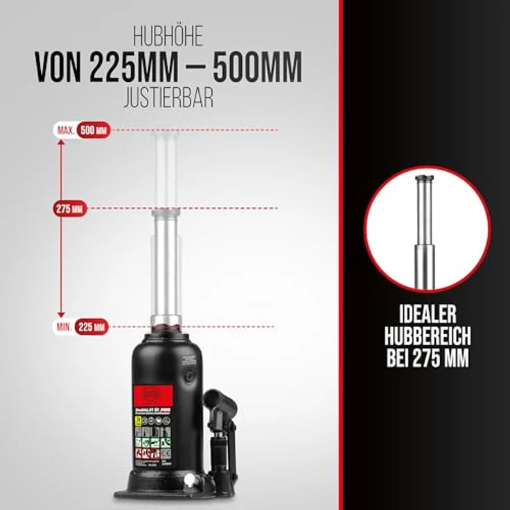 HEYNER® DoubleLift 5t PRO, Hydraulischer Stempelwagenheber mit Hubhöhe 225–500 mm für SUV, Transporter und Wohnmobil, inkl. Tasche & Gummigriff, schwarz – Bild 2