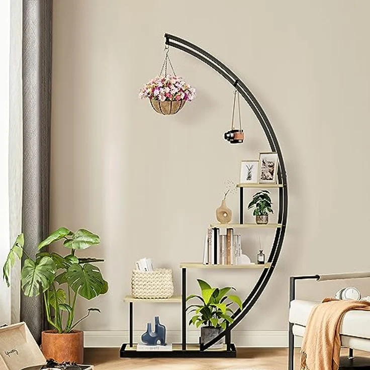 Ribelli 5-stufiger Metall-Pflanzenständer in Halbmondform 172cm, Pflanzenregal mit 5 Ablagen & Haken, Hoch Blumenständer Pflanzentreppe mit Kippschutz für Balkon Wohnzimmer Terrasse (1 Stück, Braun) – Bild 2