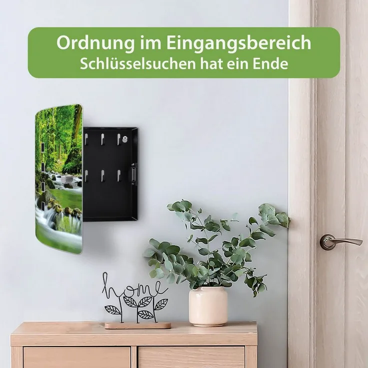 banjado Schlüsselkasten Edelstahl mit Motiv Rauschender Bach, verstellbarem Magnetverschluss und 10 Haken, 24 x 21,5 x 7 cm
