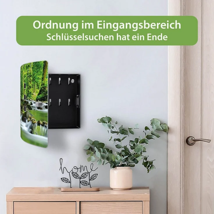 banjado Schlüsselkasten Edelstahl mit Motiv Rauschender Bach, verstellbarem Magnetverschluss und 10 Haken, 24 x 21,5 x 7 cm