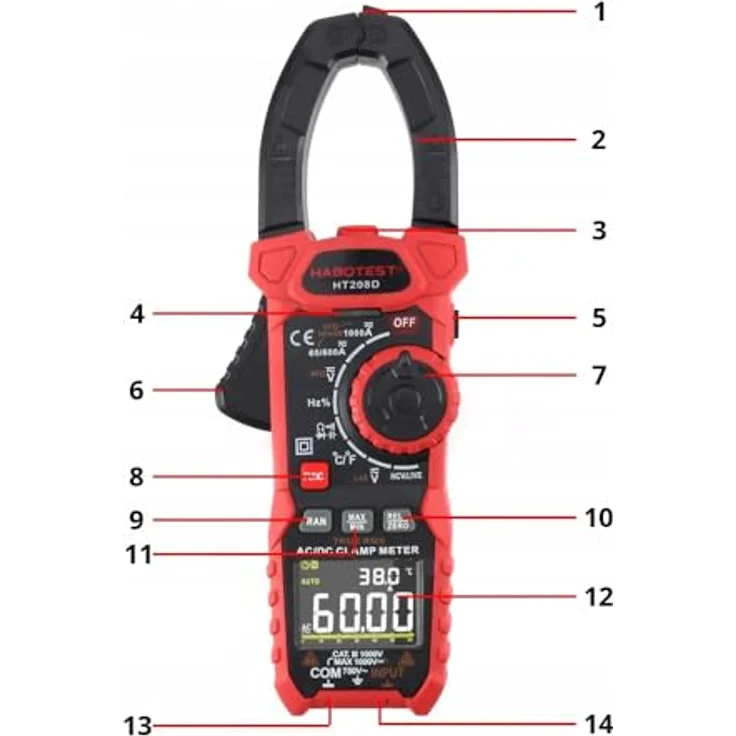 Habotest HT208D, Digital Clamp Meter mit LCD-Display, Multifunktional, 40 mm Klemmbreite, mit Taschenlampe und NCV-Sensor – Bild 6