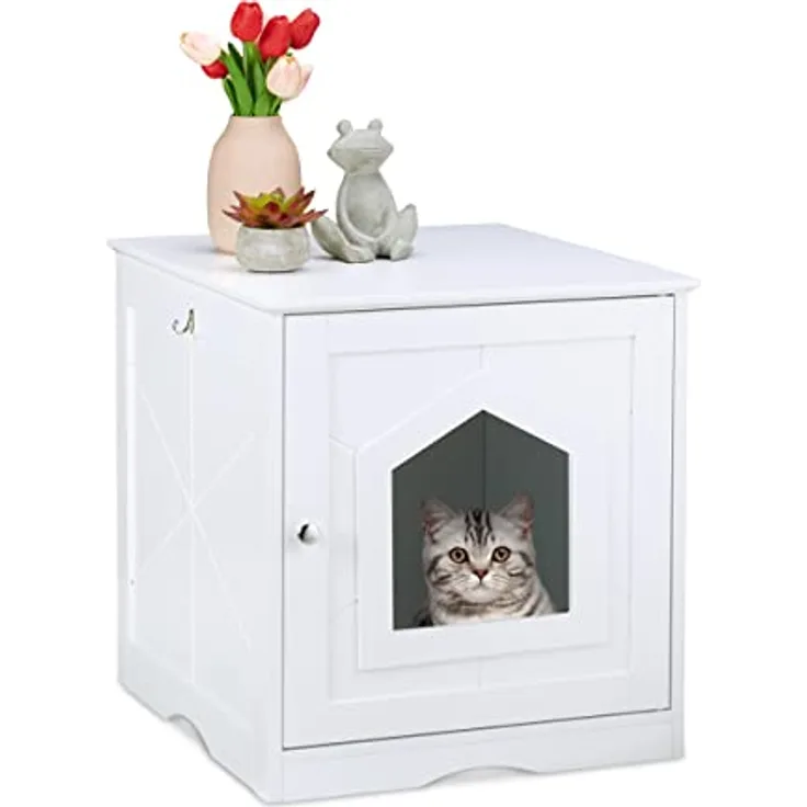 Relaxdays Katzenschrank, großer Eingang, Magnettür, Rückseite mit Luftlöchern, HBT: 52 x 48 x 53 cm, Katzenkommode, weiß