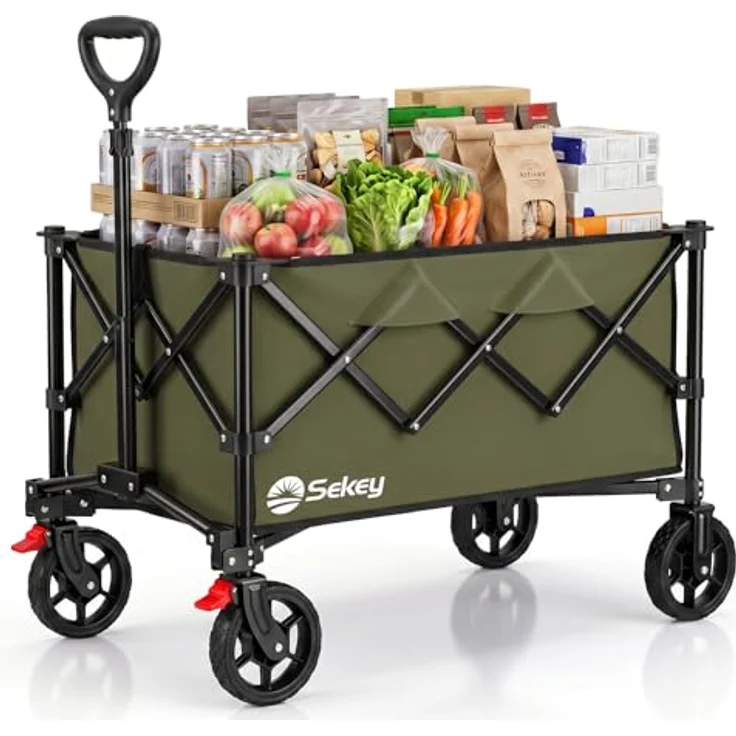 Sekey Bollerwagen XXL 4026, Faltbar mit 135L Volumen, 150KG Belastbarkeit, Klappbarer Transportwagen mit Geländereifen und Bremse, Olivgrün – Bild 1