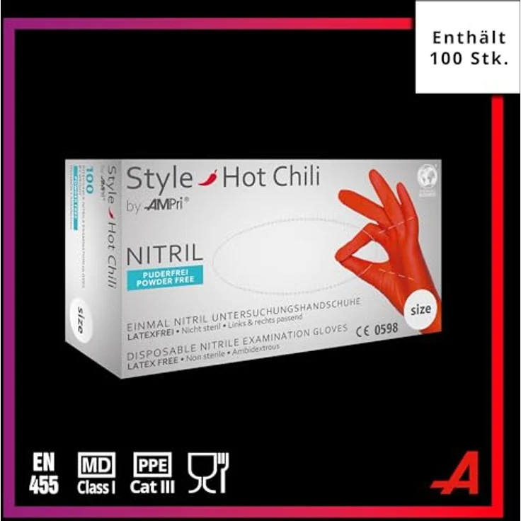 AMPri Nitrilhandschuhe, rot, 100 Stück/Box, Größe M, puderfrei, Style Hot Chili by Med-Comfort: Nitril Einmalhandschuhe, Einweghandschuhe in den Größen XS, S, M, L, XL – Bild 2