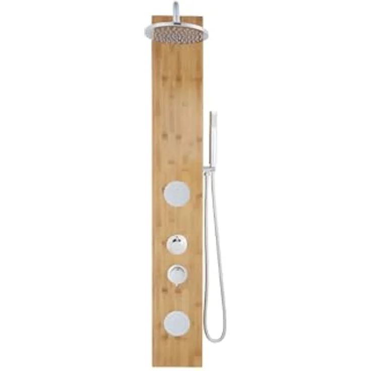 Vente-unique Duschsäule Solol, Hydromassage-Paneel aus Bambus, Kopfbrause mit Tropenregenfunktion und Handbrause, 20 x 140 cm, naturfarben – Bild 2