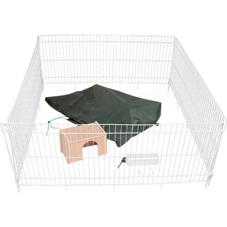 dobar Kleintierstall Kaninchengehege, 4-eckig, weiß, mit Tür, Nylon-Netz, Holzhaus und Flasche