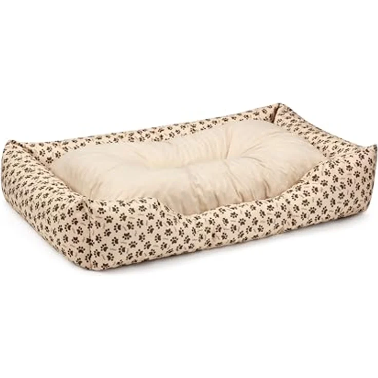 BedDog Hundebett MIMI, Hundesofa aus Cordura, Microfaser-Velours, waschbares Hundebett vier-eckig mit Rand, Hundekissen für drinnen, draußen, XL, beige mit Pfoten – Bild 1