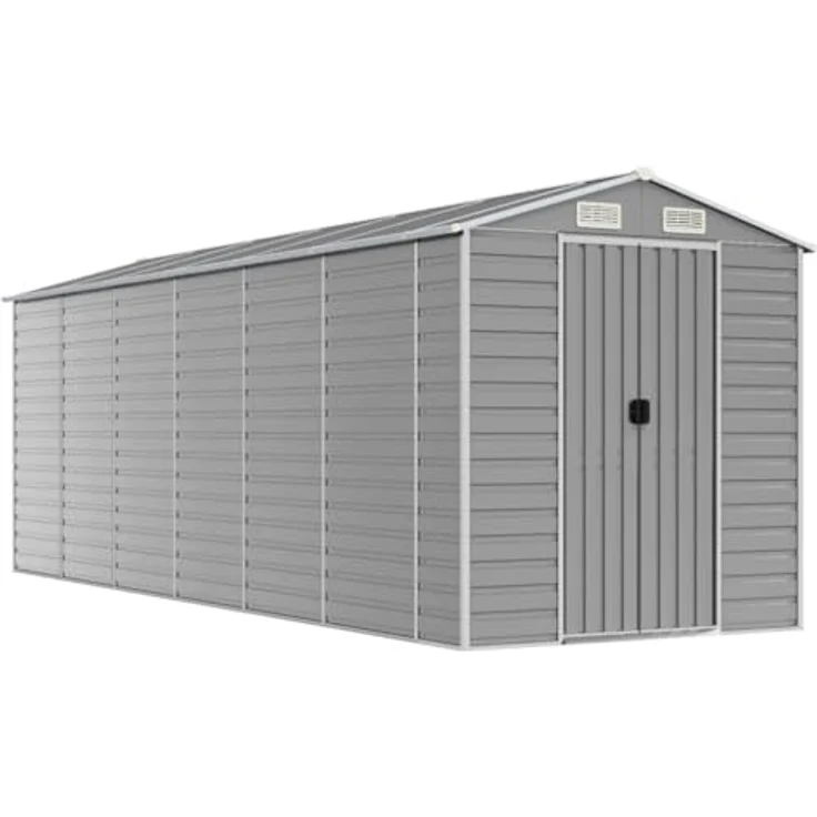 vidaXL Gerätehaus, Gartenhaus mit Schrägdach Griffe, Gartenschuppen Schuppen mit Stauraum, Geräteschuppen Metallschuppen, Hellgrau 191x555x198 cm Verzinkter Stahl – Bild 1