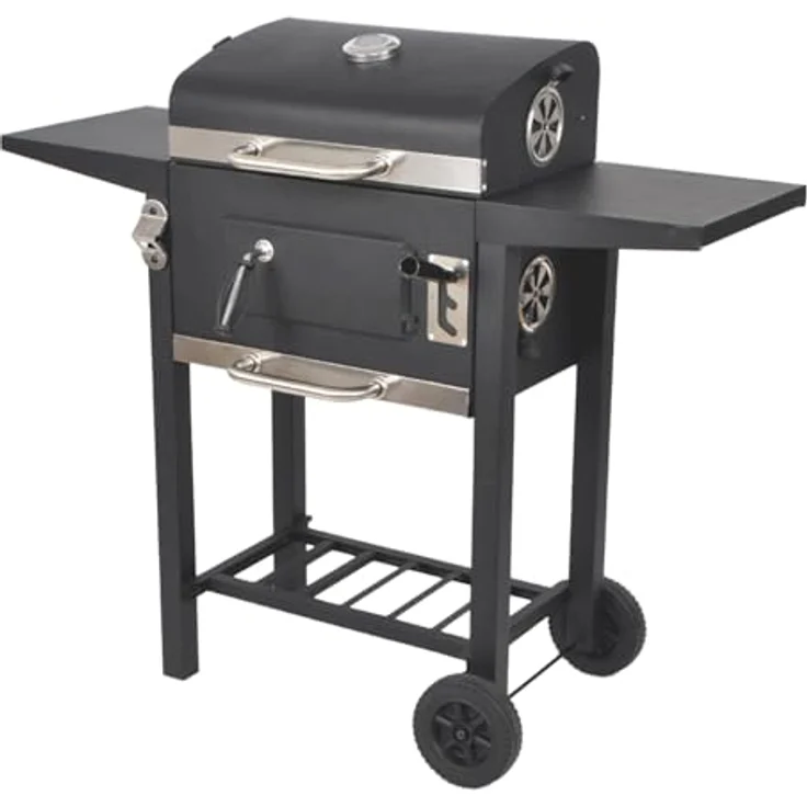 LQWELL Grillwagen, Holzkohlegrill BBQ Smoker Trolley mit Deckel, Edelstahlgriff, Thermometer und Rädern, Maße L109 x W54 x H94.5 cm, Schwarz – Bild 1